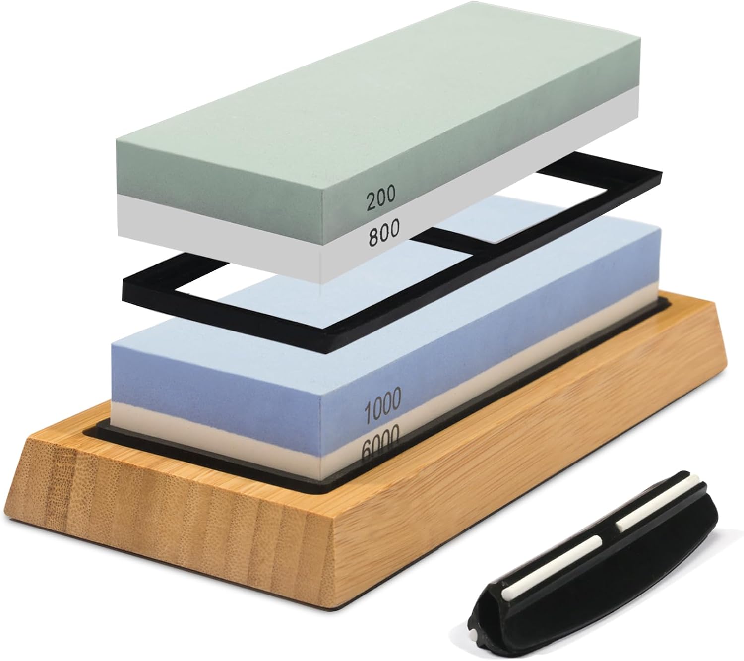 Whetstone Knife Sharpening Stone Kit: Double Straight Chef Sharpener Set - 200/800 1000/6000 Coarse Fine Grit kitchen Professional 2 Sided Honing Wet Stones Slip-Resistant Bamboo Base and Angle Guide