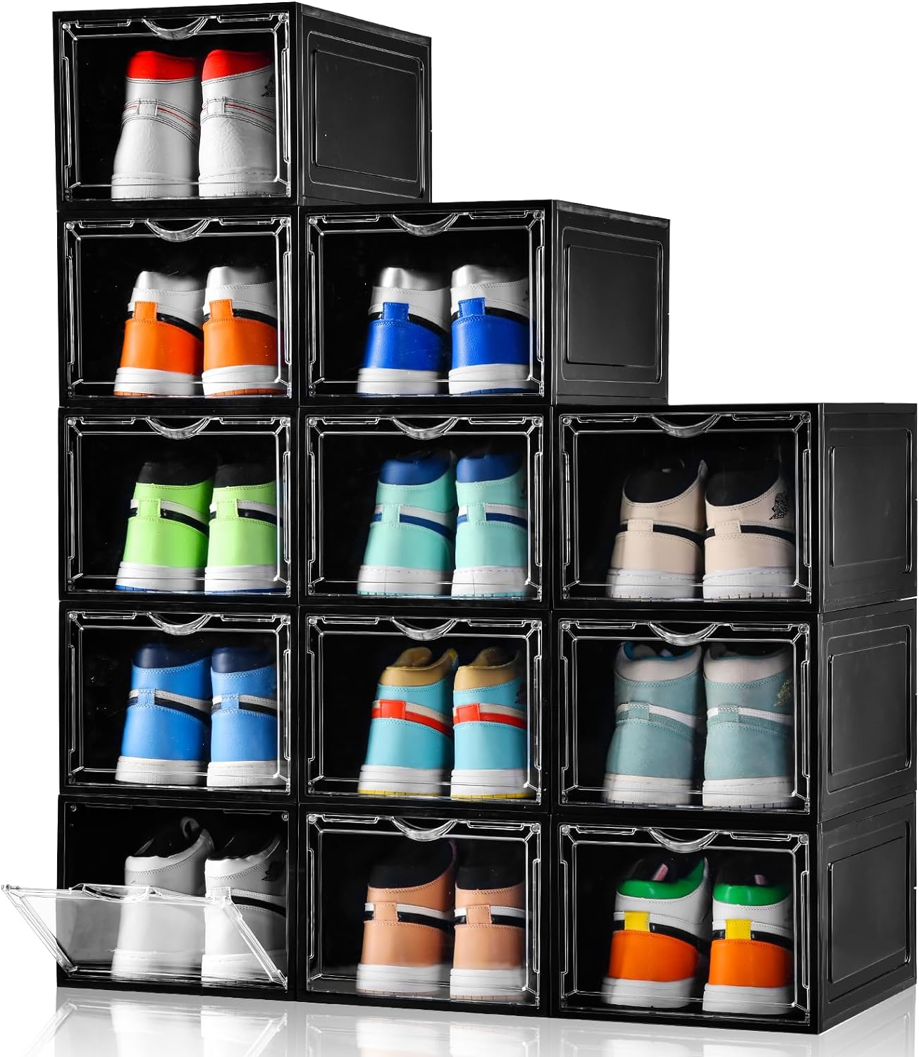 These shoe boxes are the best thing ever! Easy to snap together, sturdy, clear, stackable boxes with magnetic doors. My husband has so many pairs of running shoes and these boxes allow us to store them neatly in the garage!