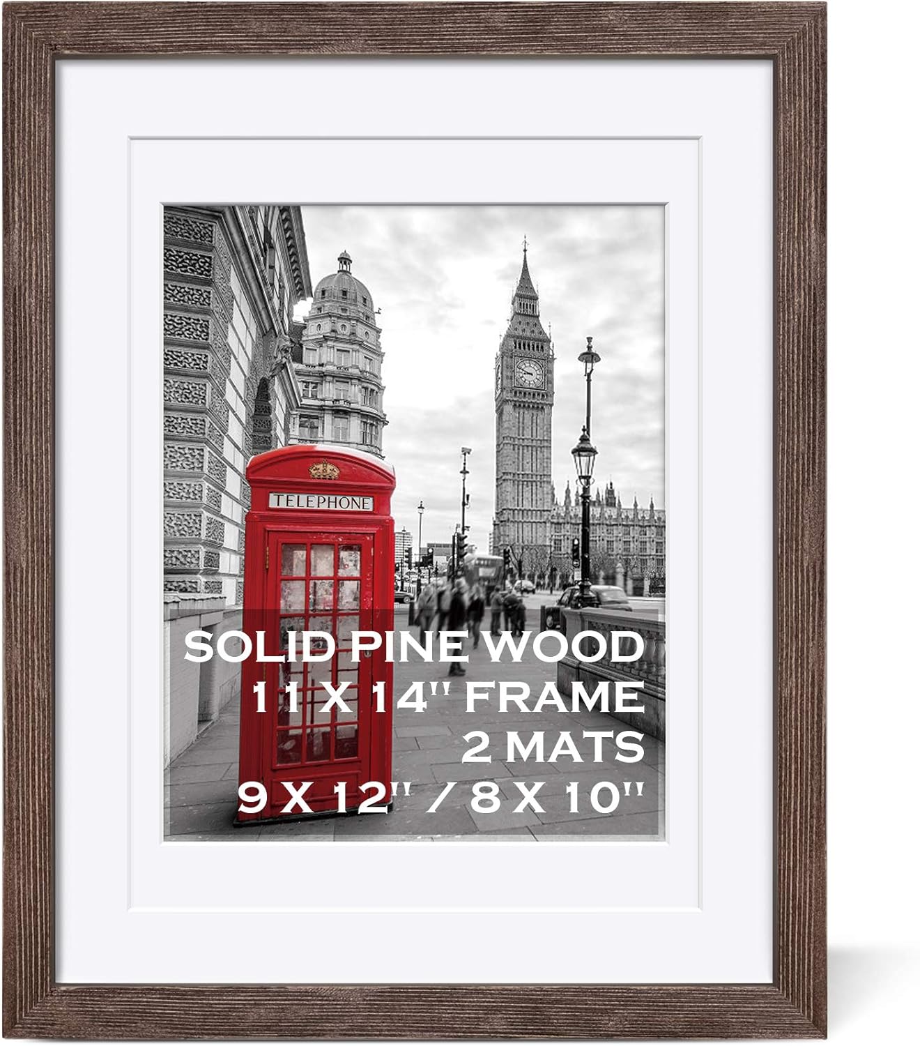 11x14 Rustic Picture Frames Solid Wood Distressed Brown Display Picture 9x12 or 8x10 with Mat or 11x14 Frame without Mat - Farmhouse Wooden Photo Frame 11x14 with 2 Mats for Wall Mounting or Table Top