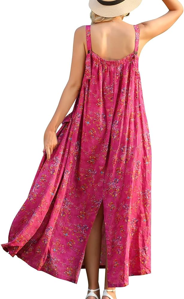 YESNO Maxi Dress for Women with Pockets Boho Summer Dress with Wide Adjustable Buttoned Strap E96