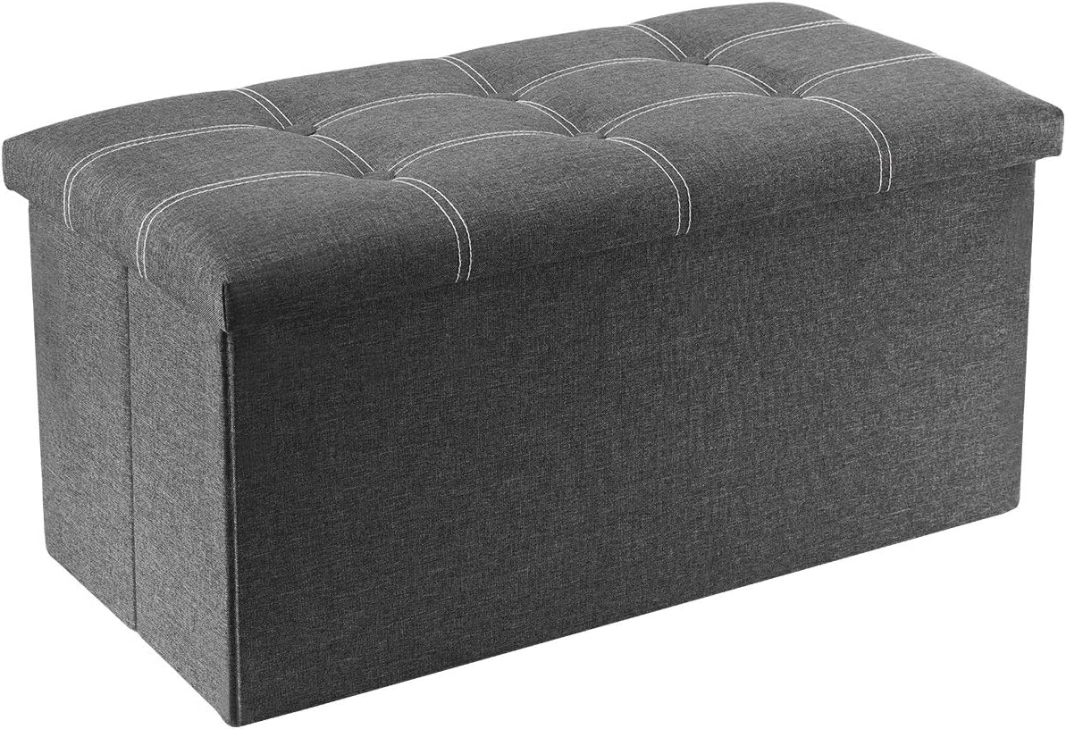 YOUDENOVA 30 inches Folding Storage Ottoman, 80L Ottoman Bench Footrest Stool, Linen Fabric Grey Storage Chest Padded Seat for Bedroom and Living Room, Support 350lbs