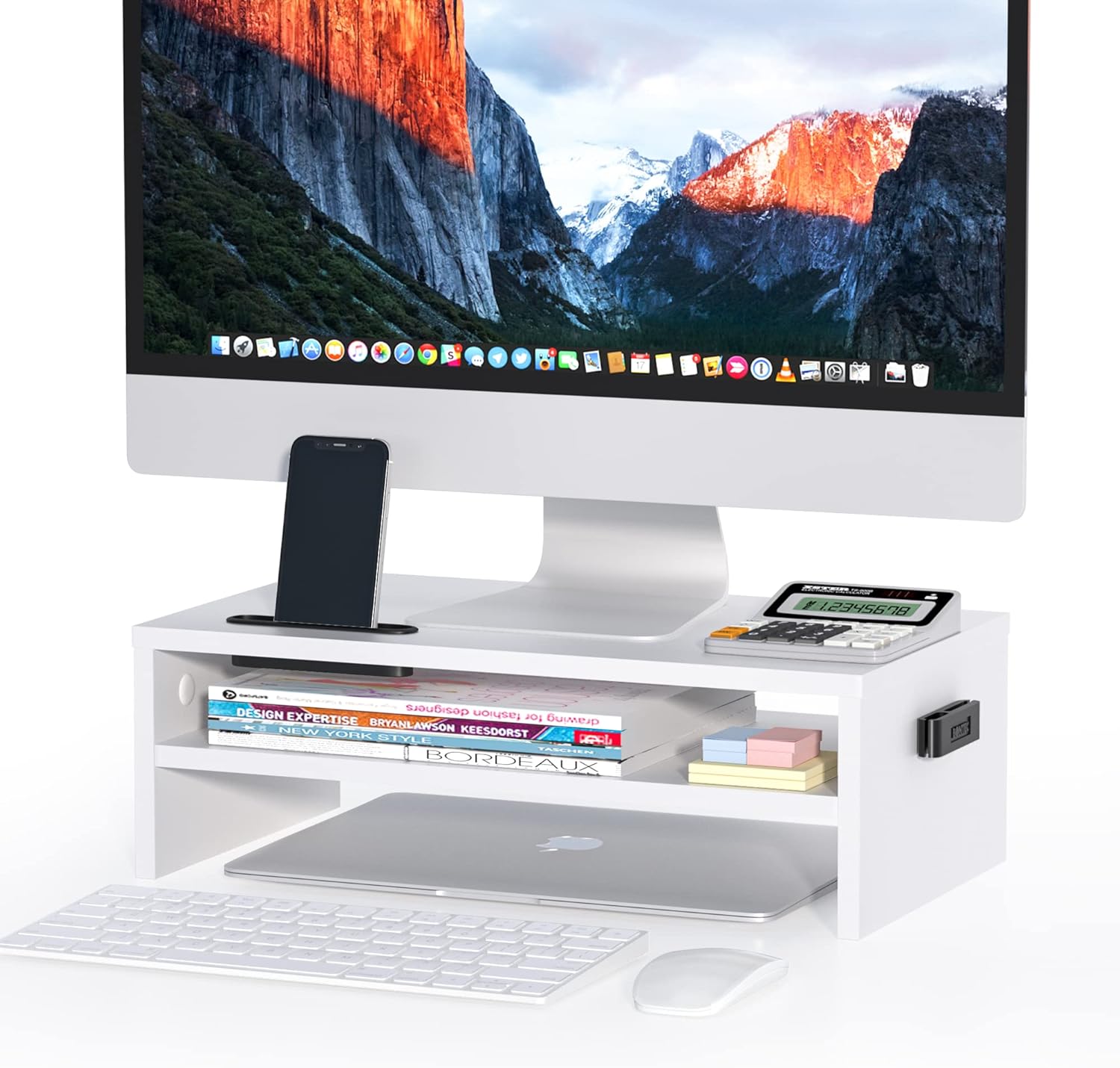 BONTEC Monitor Stand Riser White, 2 Tiers Wood Monitor Riser Stand with Storage Organizer, Desktop Ergonomic Monitor Stand Riser with Cellphone Holder and Cable Management, 16.5 Inch Desk Shelf