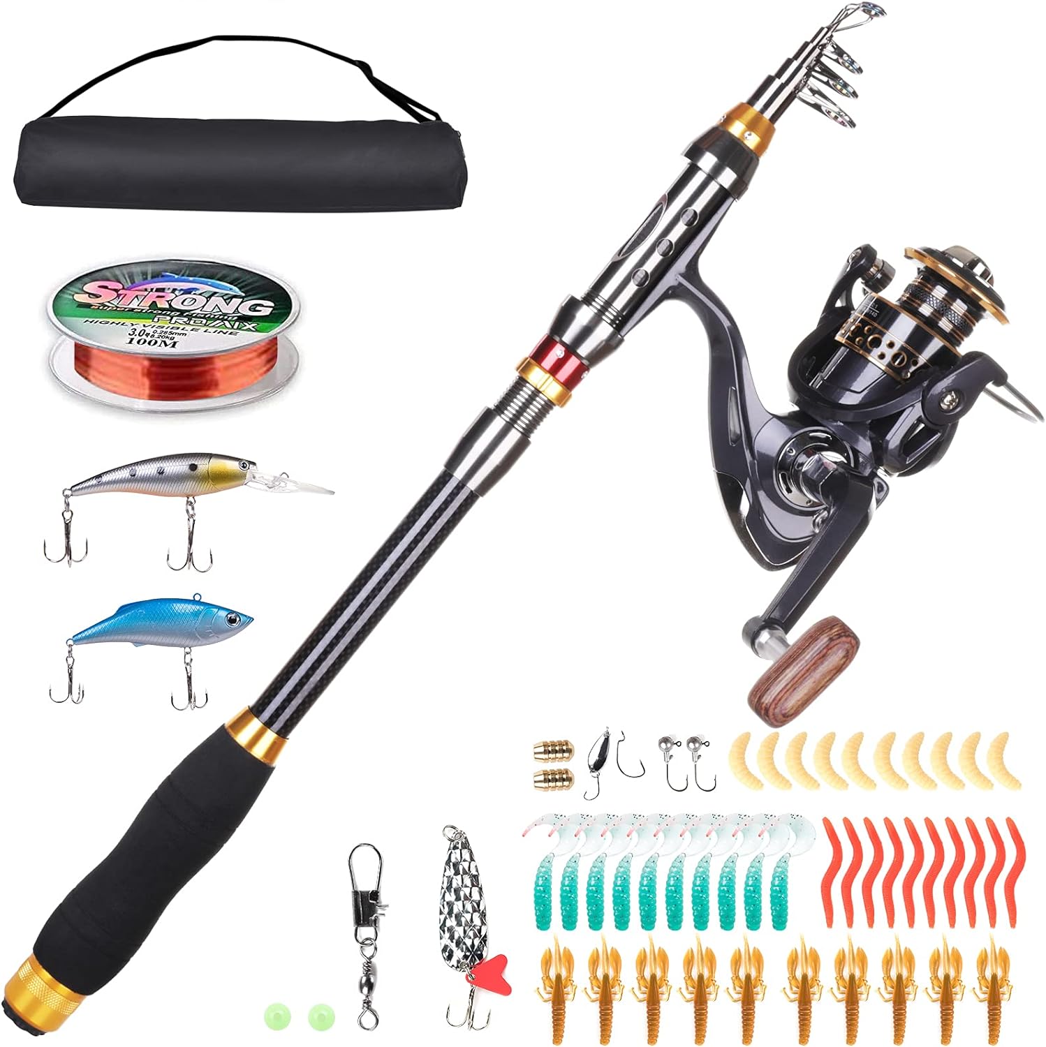 Fishing Rod and Reel Combo, Carbon Fiber Telescopic Fishing Pole with Spinning Reel, Fishing Line, Fishing Lures, Carrier Bag Travel Fishing Rods Kit Freshwater Saltwater Fishing Poles