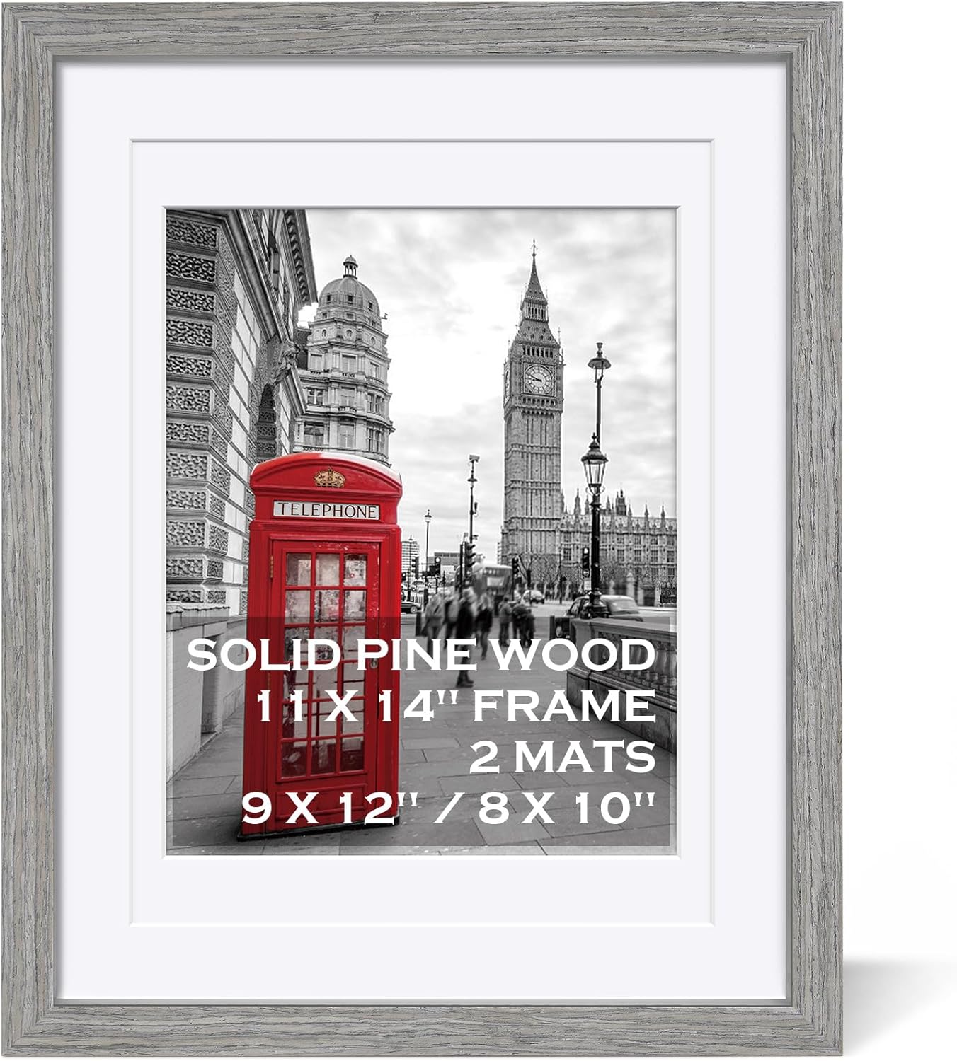 11x14 Picture Frame Solid Wood Display Pictures 9x12 or 8x10 Frame with Mat or 11x14 Frame without Mat - Photo Frame 11x14 inch with 2 Mats for Wall Mounting or Table Top, Grey