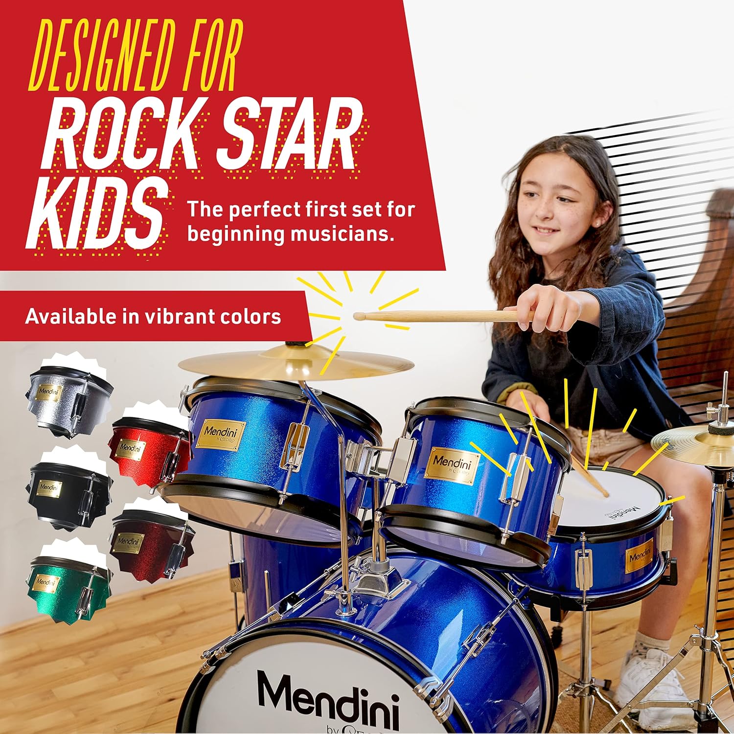 Mendini By Cecilio Kids Drum Set - Junior Kit w/ 4 Drums (Bass, Tom, Snare, Cymbal), Drumsticks, Drum Throne - Beginner Drum Sets & Musical Instruments