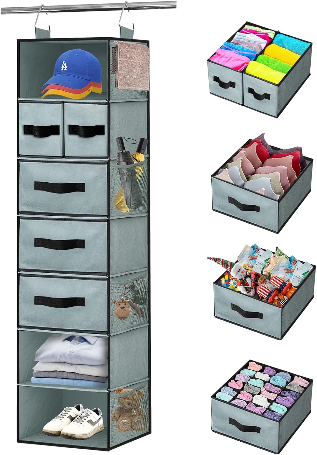 This hanging organizer is perfect for my needs. Im using it for extra holiday decoration storage. It has a great heft, is sturdy and provides loads of storage. The pre-divided drawer is great for lights and ornaments [would be great for socks, ties, etc too]. Each drawer comes with an extra bottom insert for added stability [for the pre-divided one, turn the drawer upside down and slide into the slit opening]. There is also a detached divider that can be place in one of the open drawers if need