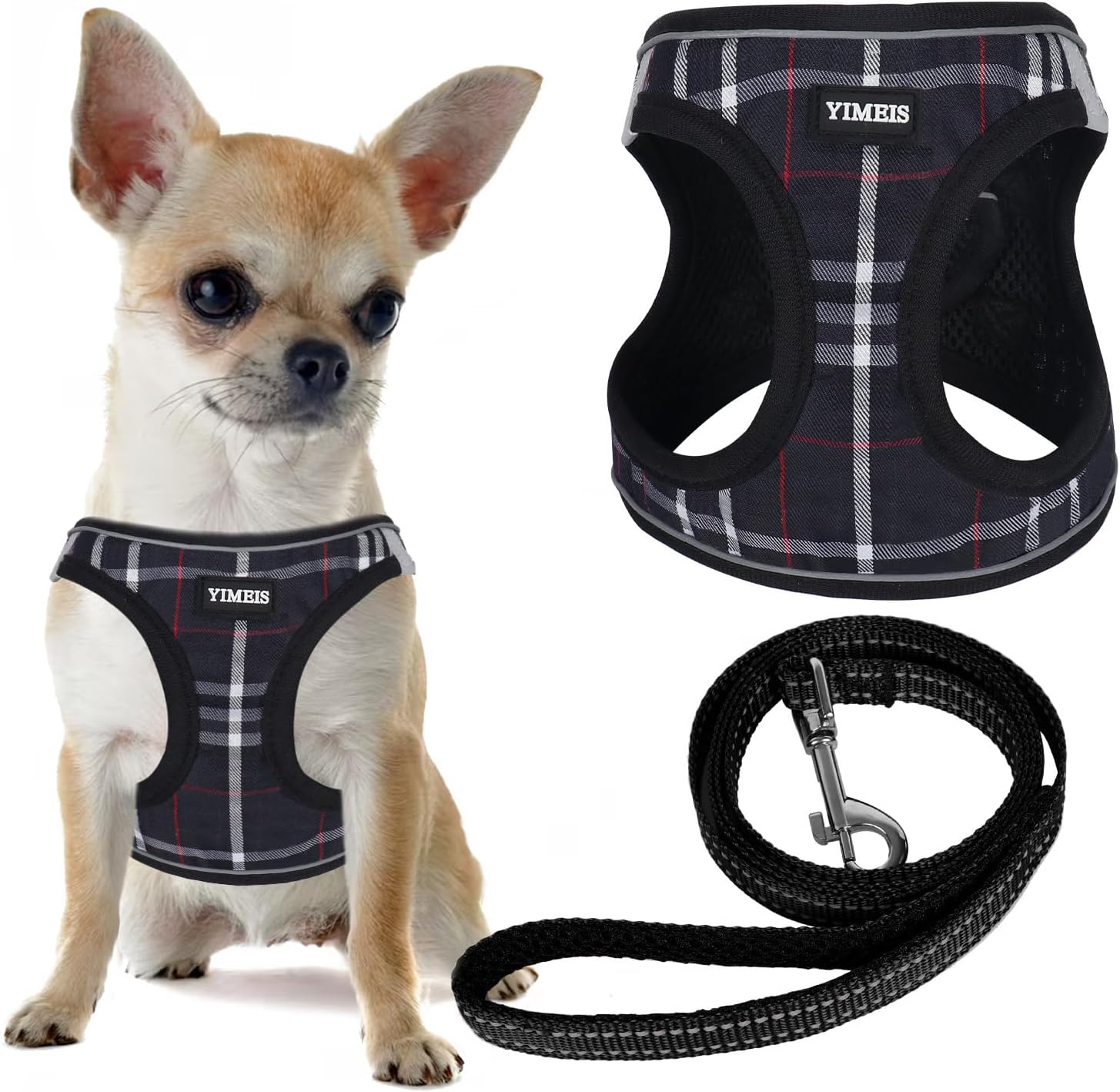 YIMEIS Dog Harness and Leash Set, No Pull Soft Mesh Pet Harness, Reflective Adjustable Puppy Vest for Small Medium Large Dogs, Cats (Black Style 3, Medium (Pack of 1)