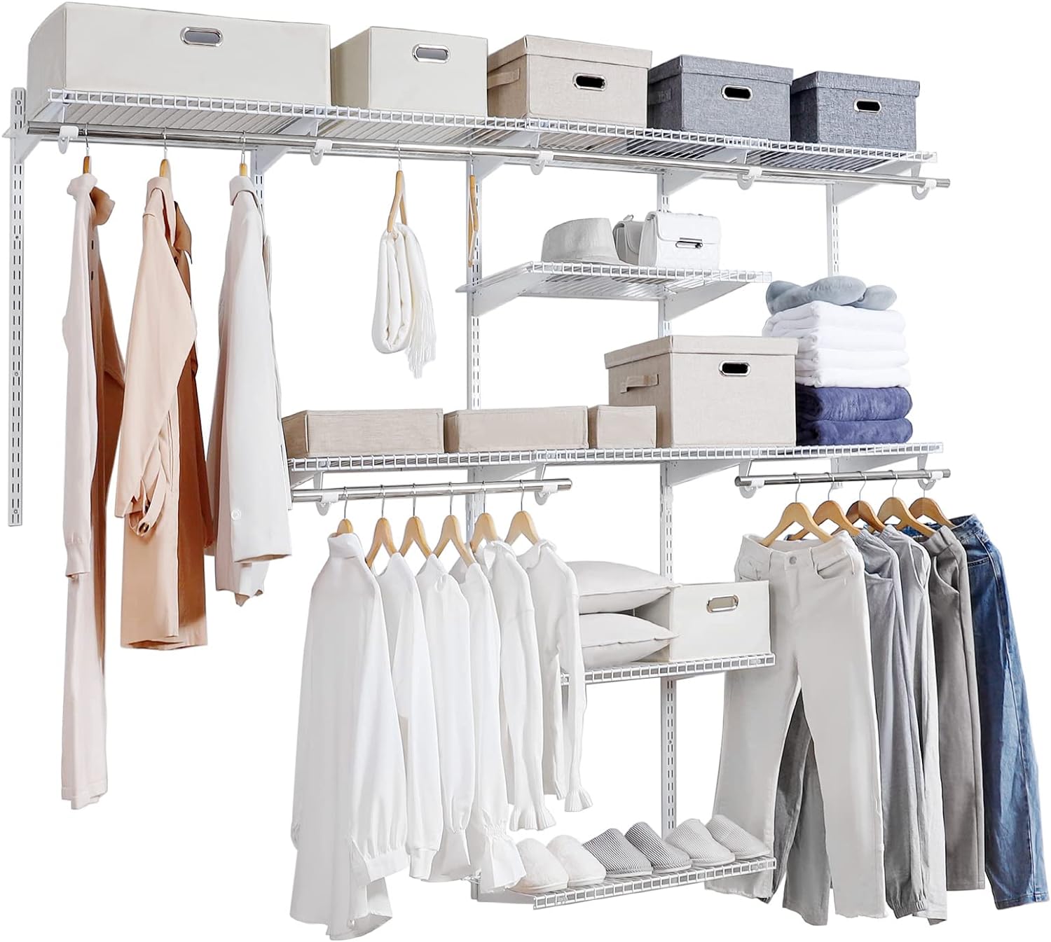 Homde Closet Organizer System Wall Mounted,Adjustable and Expandable Walk in Closet System, Metal Wire Shelving Closet Kit, Custom DIY Wardrobe Closet Storage with Shelf, Clothes Hanging Rods (4-8 FT)