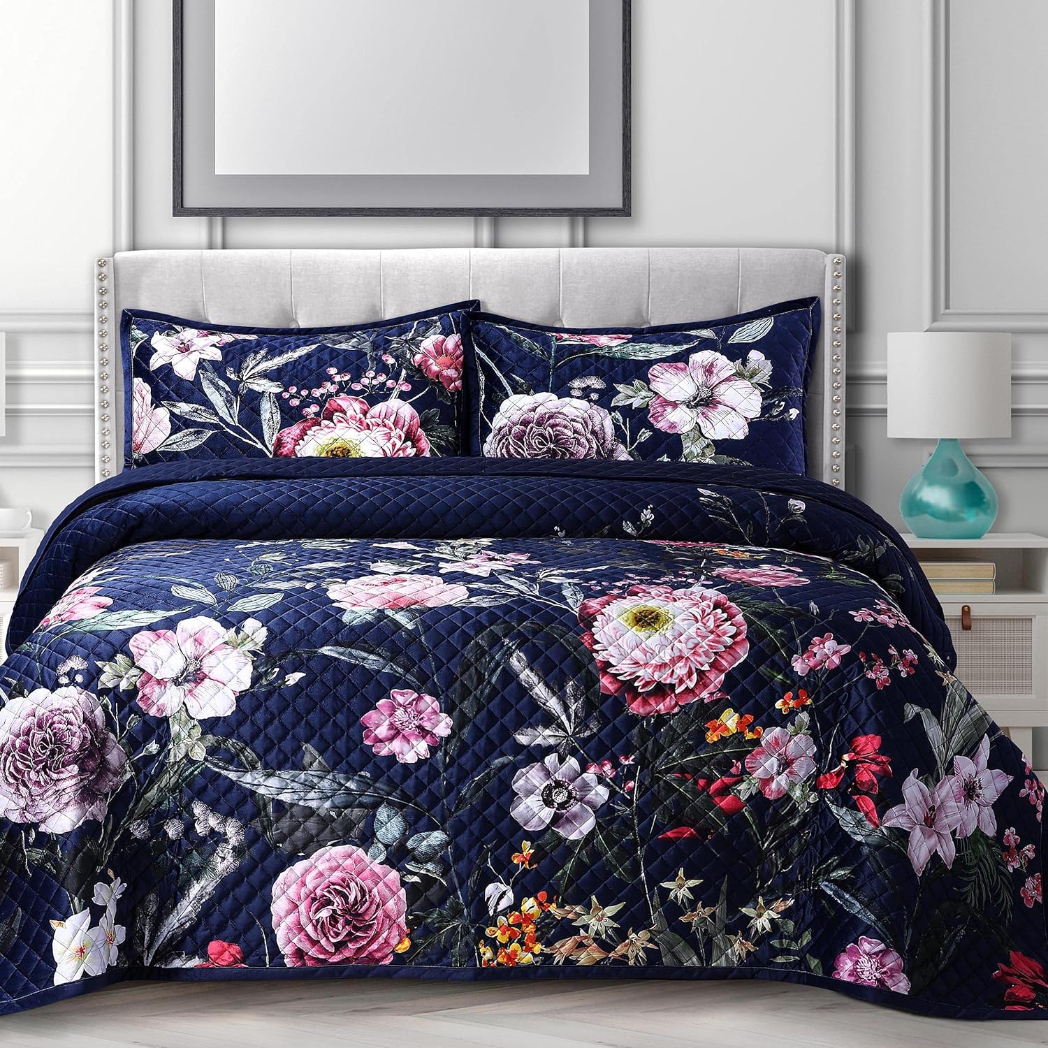 Zara Printed Oversized Velvet Ultra-Soft Luxury Quilt Set with Shams, Wrinkle & Fade Resitant, All-Season, Diamond Stitching, Durable and Fine Quality, Twin, Multicolor
