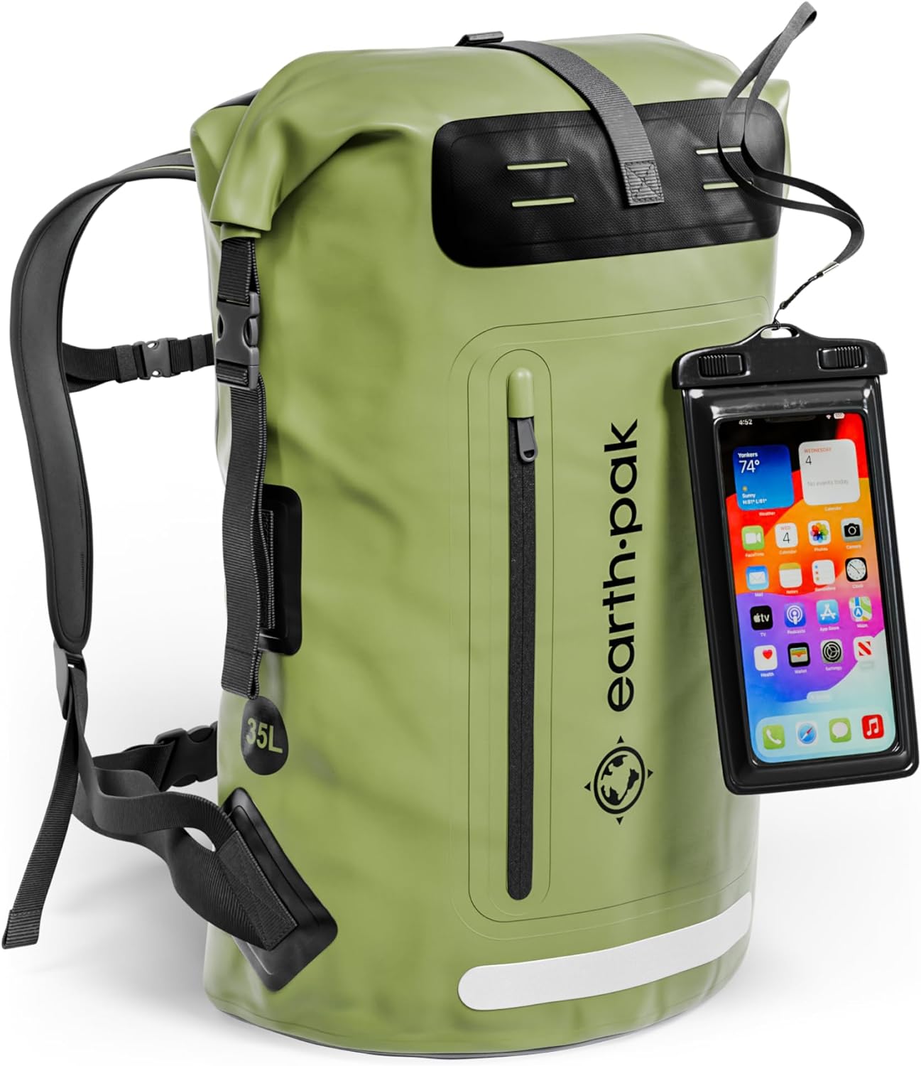 Earth Pak Waterproof Backpack - Heavy Duty Hiking Backpack - Roll-Top Closure - Waterproof Bag - Cushioned Dry Bags Waterproof w/ IPX8 Waterproof Phone Case - Wet Bag for Hiking, Kayak (Green 35L)