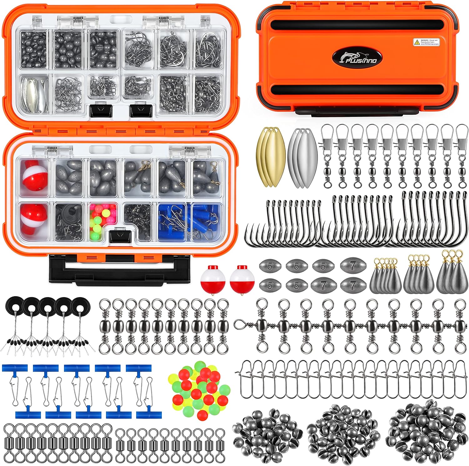 PLUSINNO 253/397pcs Fishing Accessories Kit, Fishing Tackle Box with Tackle Included, Fishing Hooks, Fishing Weights Sinkers, Spinner Blade, Fishing Gear for Bass, Bluegill, Crappie, Fishing