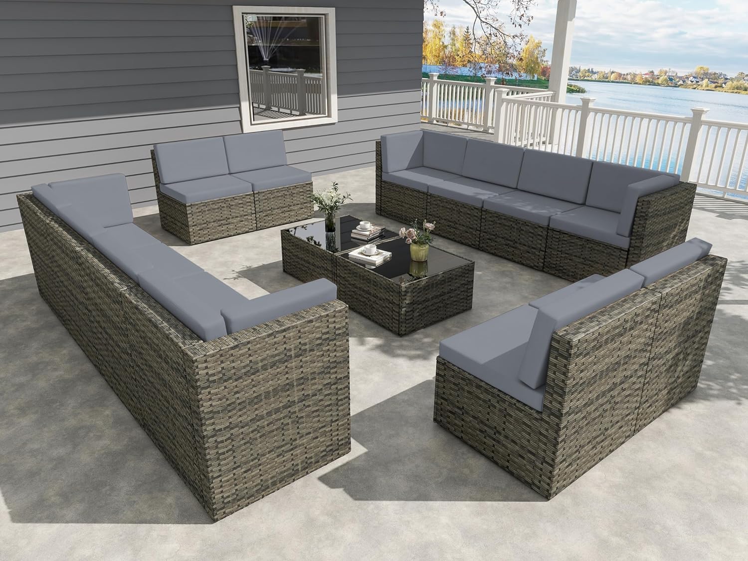 UIXE 14 Pieces Patio Furniture Sets Outdoor Sectional Sofa, All Weather PE Rattan Lounge Seating Couch Backyard Wicker Modular Chairs Conversation Set with 12 Person Seats Group, Gray
