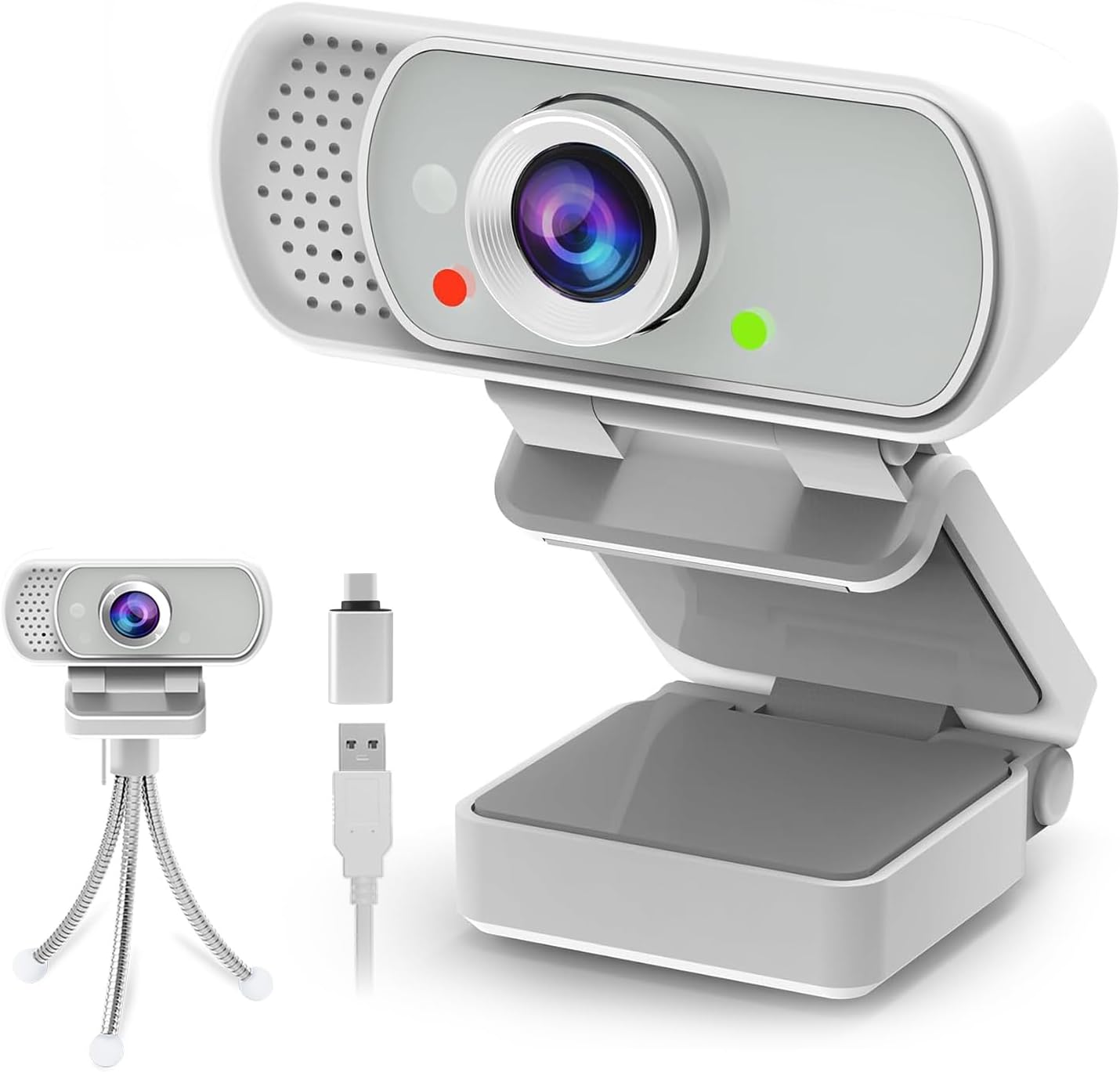 Webcam with Tripod Privacy Shutter: 1080P FHD Web Camera with Mic, Plug & Play USB A USB C Webcam with Stand, White Wide Angle Noise-Canceling Microphone Compact Web Cam for Online Meeting Classes