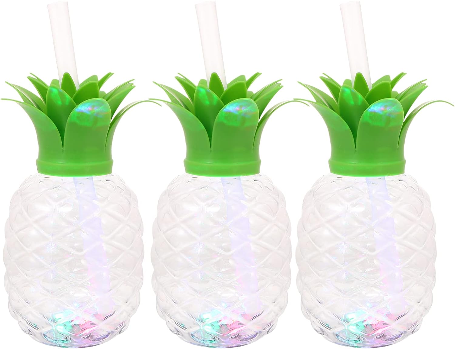 LED Light Up Pineapple Cups:3pcs Pineapple Drink Cups with Straws Luau Party Decorations Hawaiian Luau Tiki and Beach Theme Party Decorations for Kids and Adults