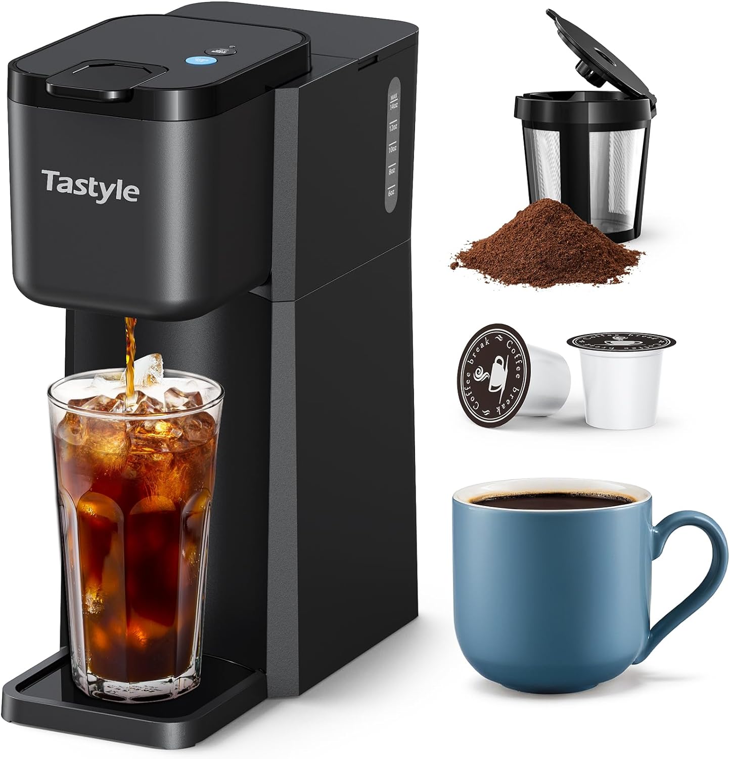 Tastyle Mini Single Cup Coffee Maker, Hot and Iced Coffee Maker for K Cup and Ground, 6 to14 Oz Brew Sizes, with Recipe Book, One Cup Small Pod Coffee Machine for Travel, RV, Dorm and Desk