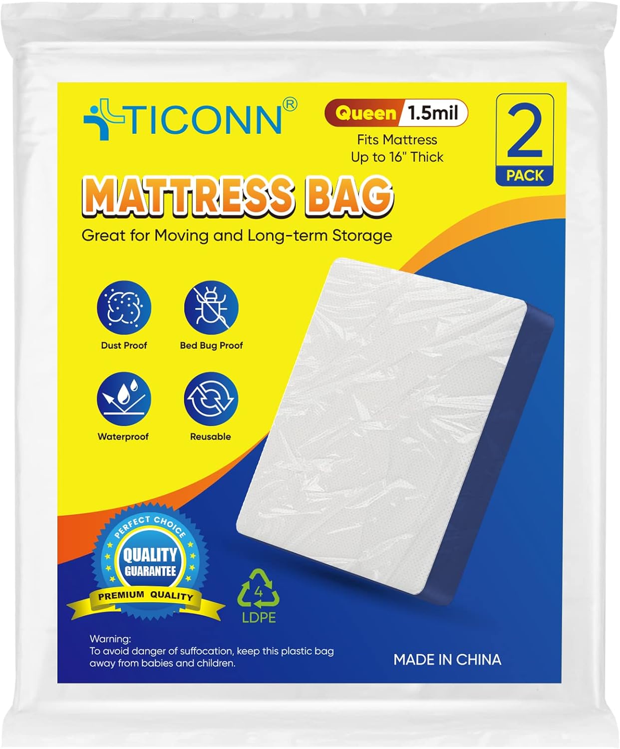 TICONN 2PK Plastic Mattress Bag for Moving Storage, Waterproof Mattress Protector Cover, Heavy-duty Mattress Moving Supplies (1.5 mil, Queen)