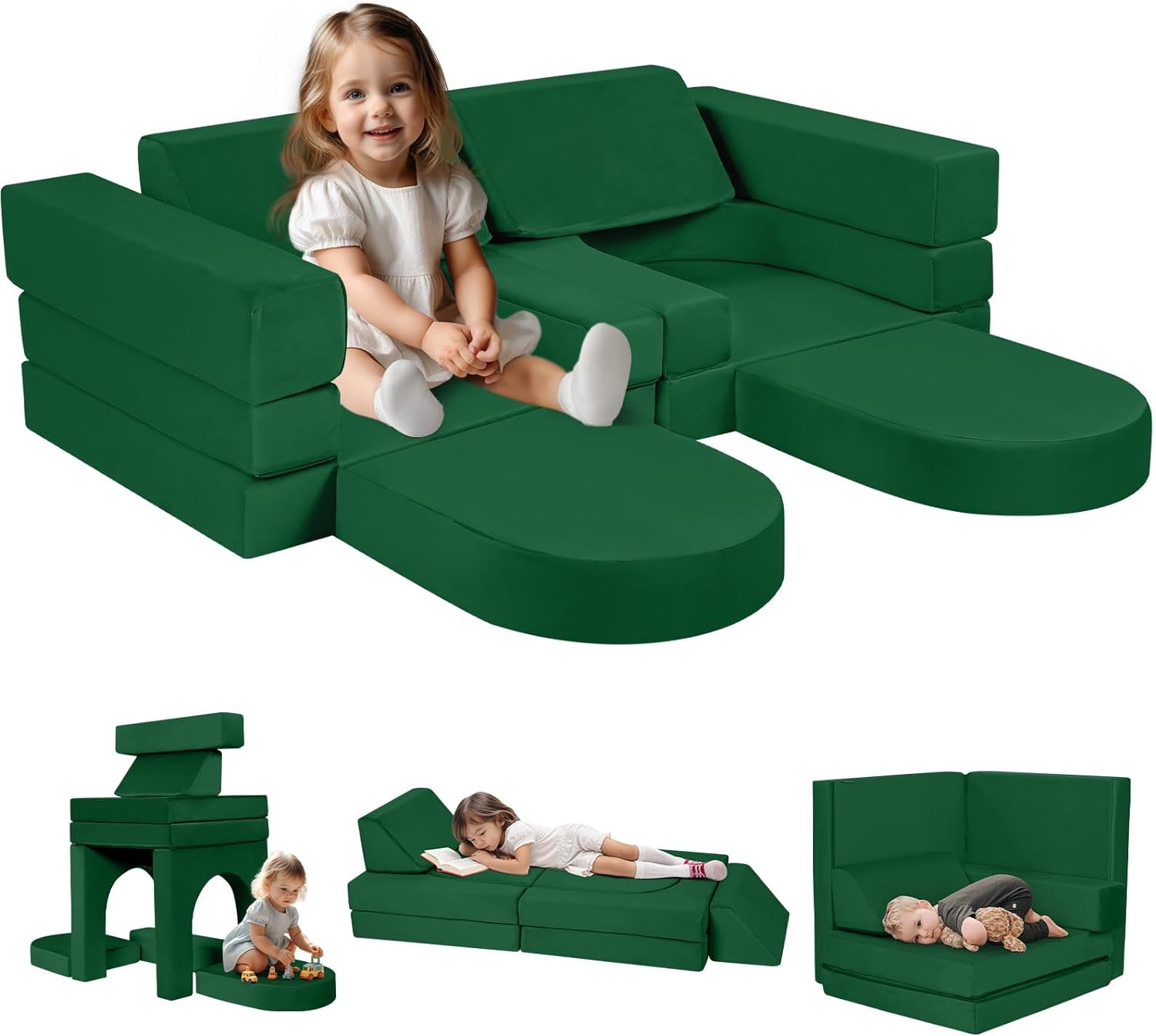 MeMoreCool 10-Piece Couch Sofa, Modular Toddler Glow Sofa for Playroom Bedroom, Fold Out Play Couch for Kid Girl Boy, Sectional Foam Playset Couch Set, Green