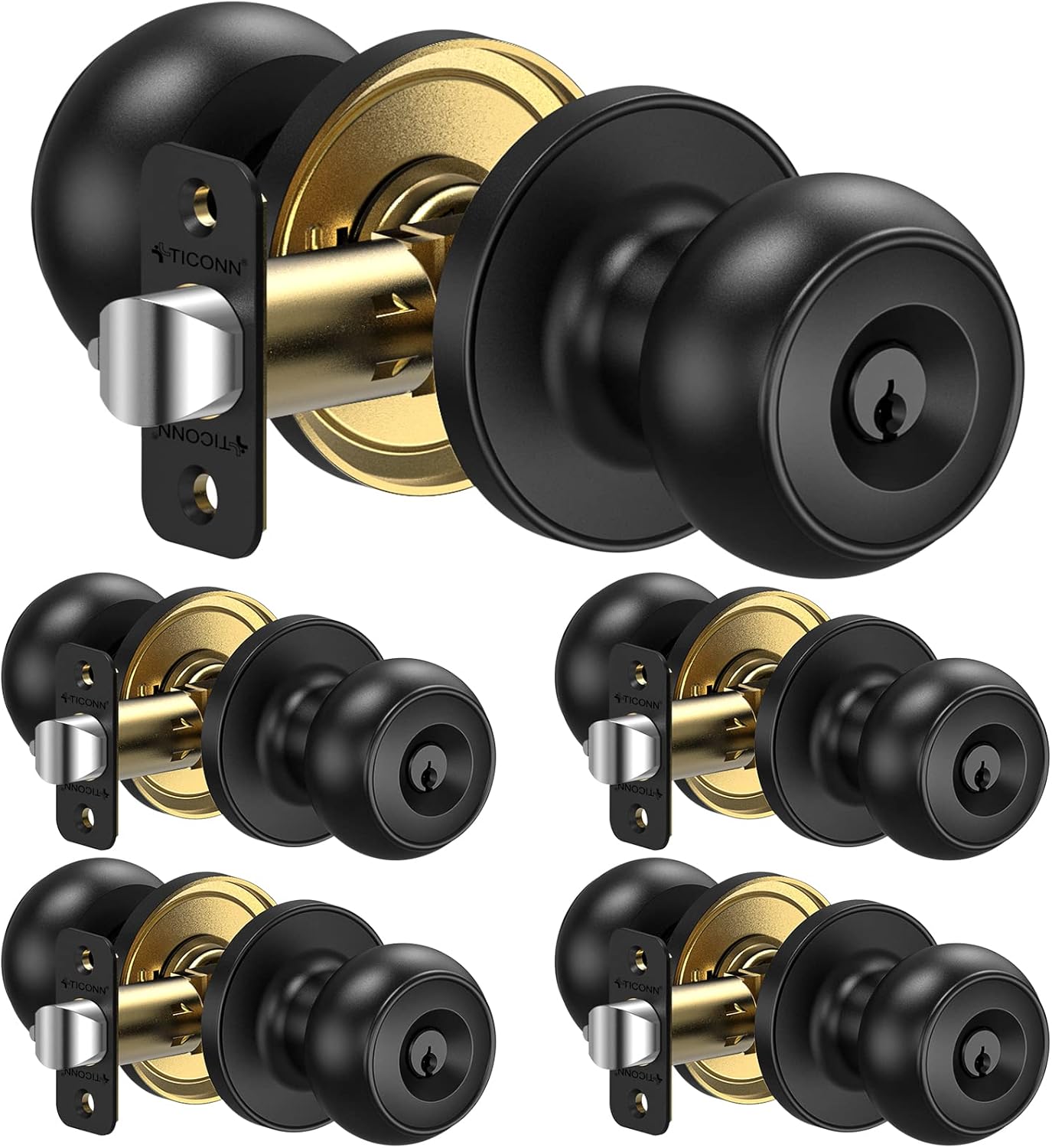 TICONN Round Door Knobs, Ball Door Knob with Dead Bolt, Door Handle Lock for Indoor Doors (5-Pack, Keyed Entry - Keyed Alike, Matte Black)