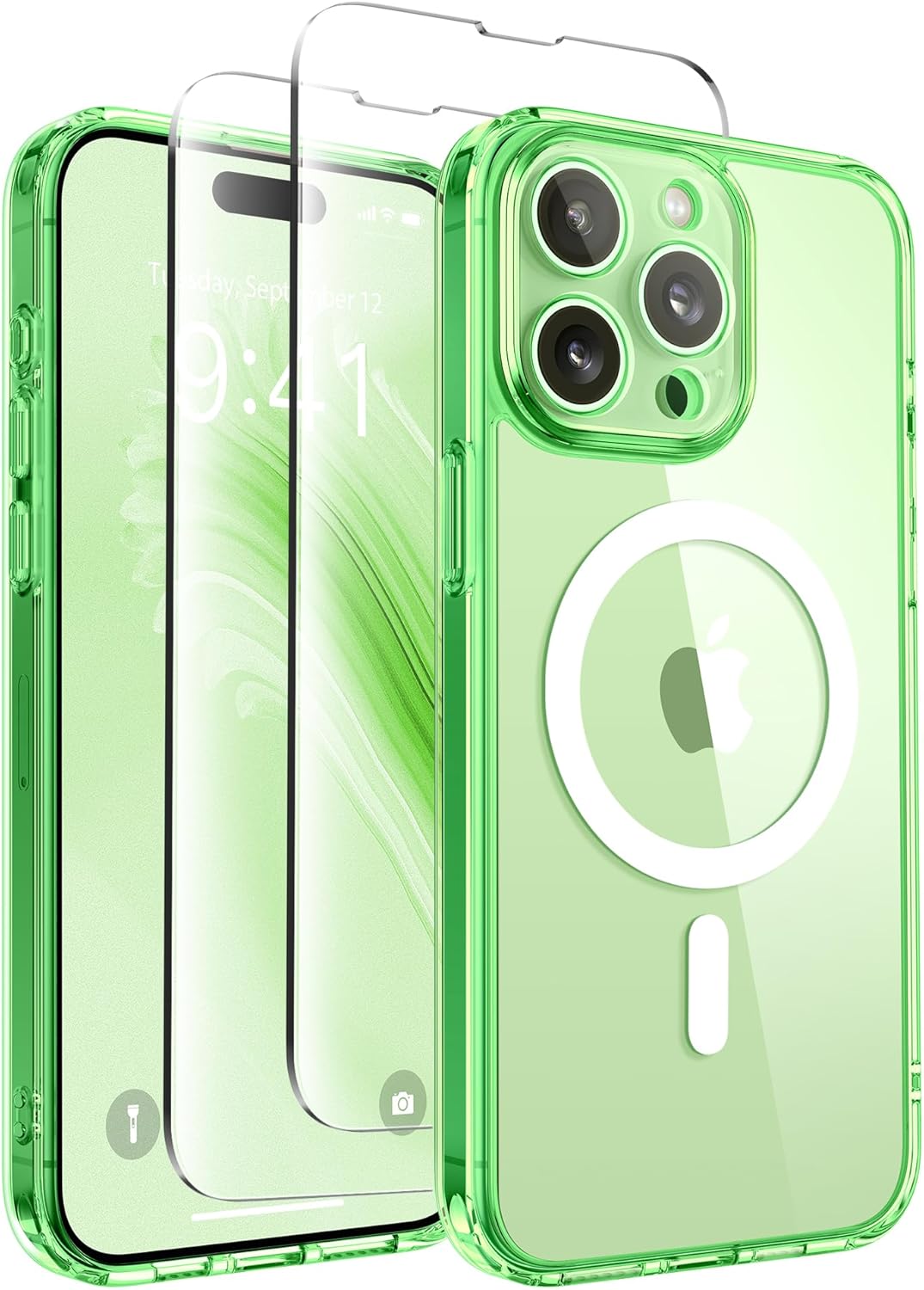 Magnetic for iPhone 15 Pro Max Case, [Compatible with MagSafe] [Full Camera Protection] [14FT Drop Protection] Shockproof Protective Slim Translucent Phone Case, Clear Green