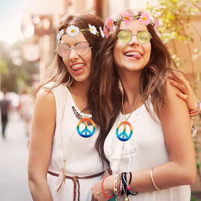 Frienda 24 Pieces Hippie Costume Accessories 60s 70s Party Decorations Hippie Set Includes Peace Sign Necklaces Daisy Sunflower Headbands Retro Sunglasses for Hippie Birthday Halloween Party Supplies