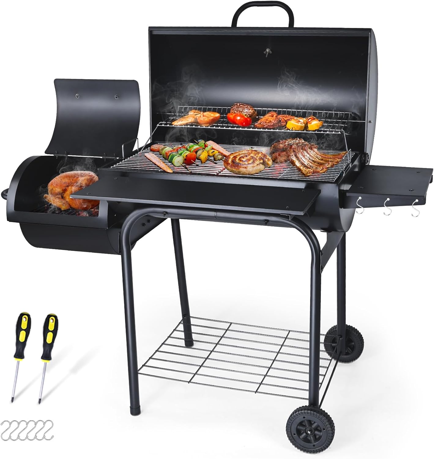 Charcoal Grill with Offset Smoker, Joyfair Large Barrel BBQ Grill with 770Sq.In. Cooking Space for 8-10 People Outdoor Camping/Backyard Cooking, Heavy Gauge Steel & Adjustable 3 levels charcoal pan