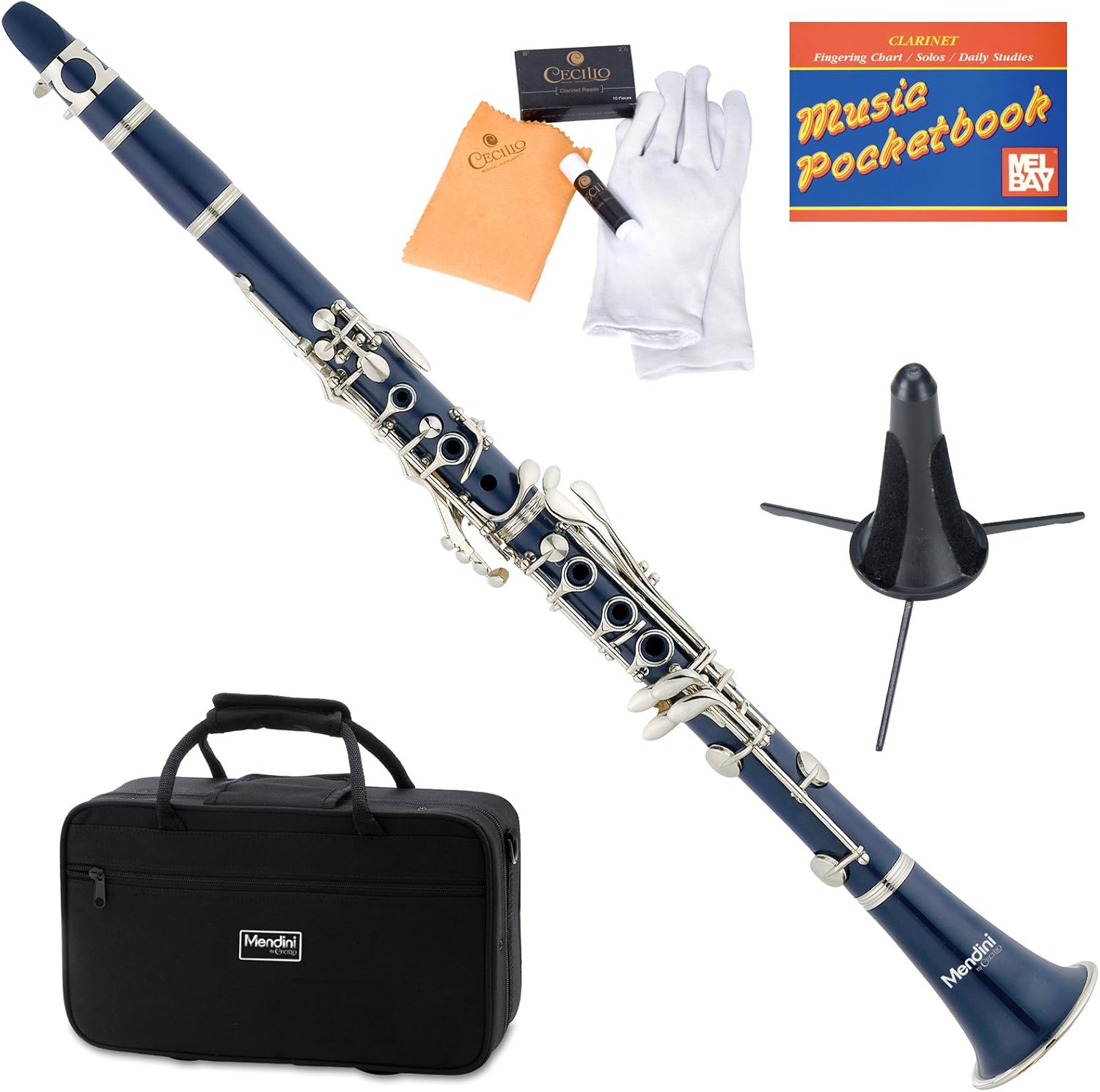 Mendini by Cecillo Bb Clarinet w/Case - Best Beginners Clarinet for Students, Adults and Kids w/Stand, Pocketbook, Mouthpiece and 10 Reeds - Wind & Woodwind Musical Instruments - Blue