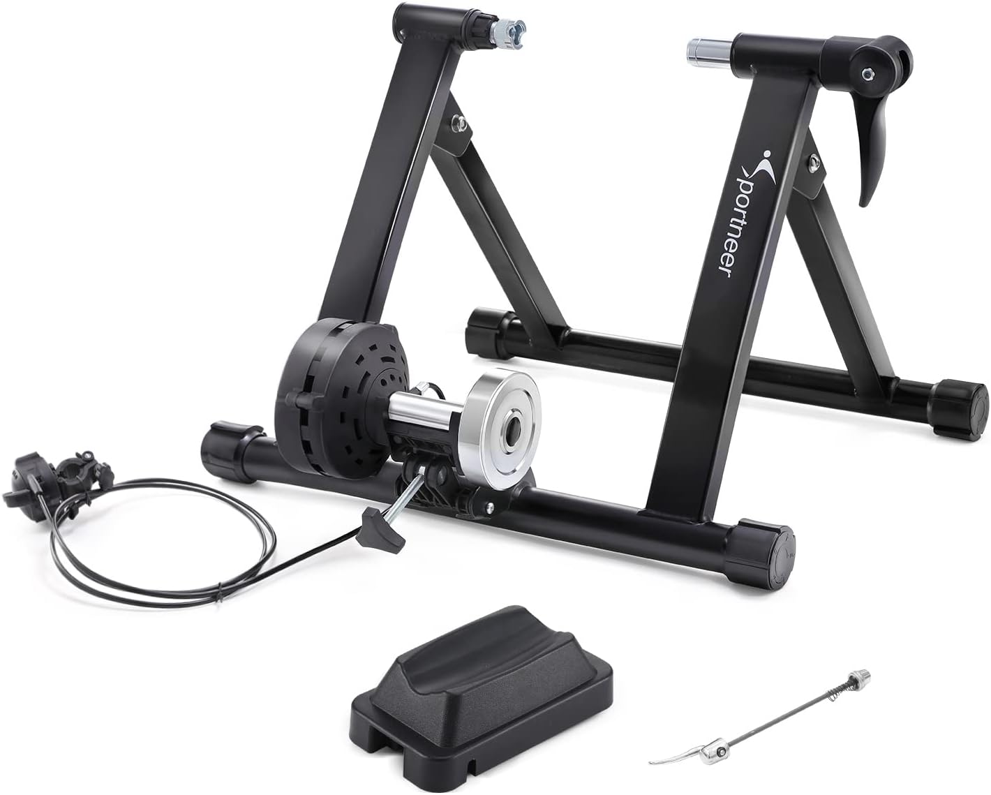 Sportneer Bike Trainer - Magnetic Stationary Stand for 26-28%22 %26 700C Wheels - 8 Level Resistance Portable Stainless Steel Indoor Trainer with Quick Release Lever %26 Front Wheel Riser Block