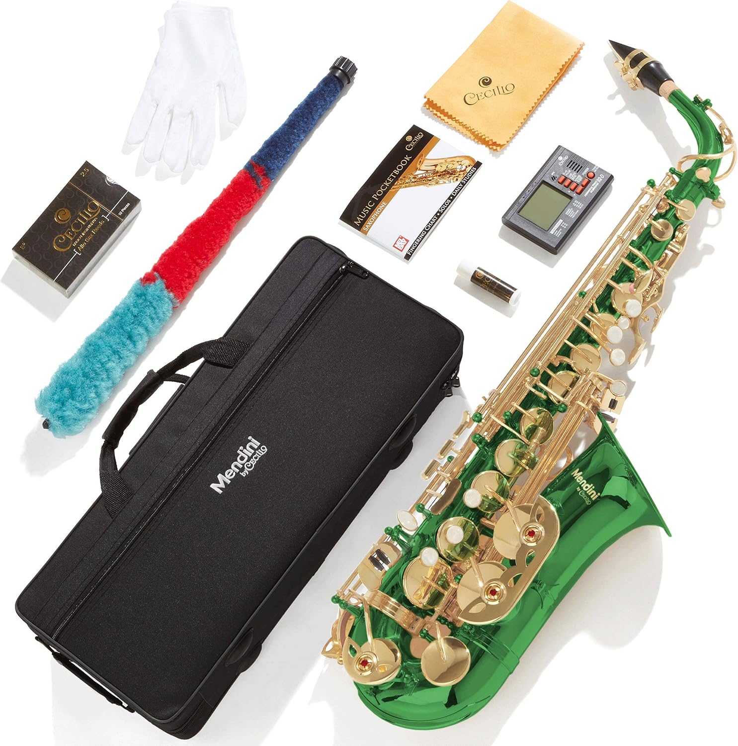 Mendini By Cecilio Eb Alto Saxophone - Case, Tuner, Mouthpiece, 10 Reeds, Pocketbook - Green E Flat Musical Instruments