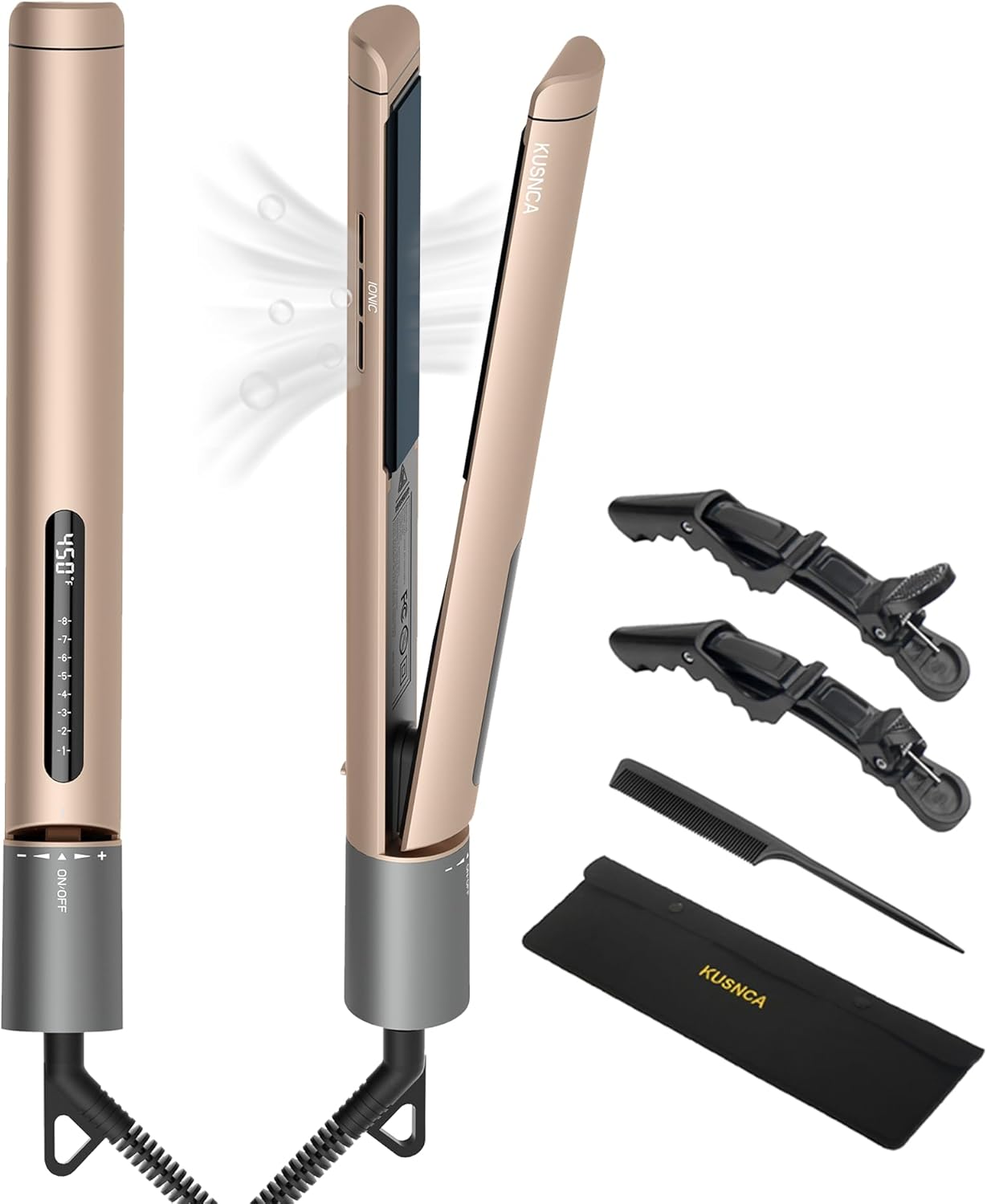 KUSNCA Professional Titanium Flat Iron, Hair Straightener and Curler Iron 2 in 1, Negative Ion Straightening, Dual Voltage Travel Pack, Front Anti-Scald Function, LCD 230F-450F, 1 Inch