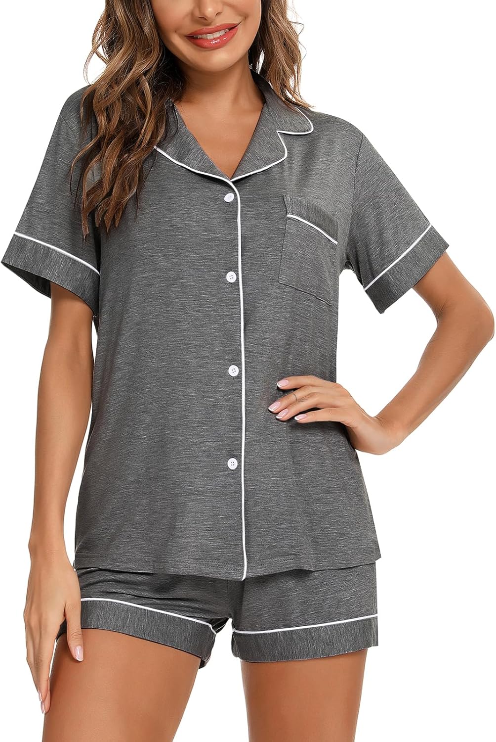 Aamikast Button Up Pajama Set for Women Shorts Short Sleeve Knit Sleepwear 2 Pice Pjs Sets