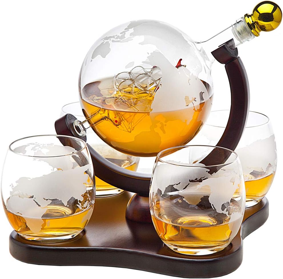 Godinger Whiskey Decanter Globe Set with 4 Etched Glasses for Liquor, Scotch, Bourbon, Vodka, Gifts for Men - 850ml Clear