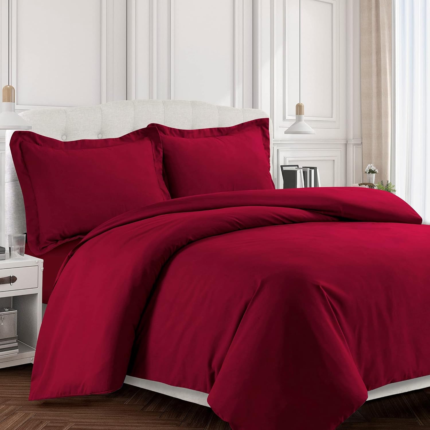 Tribeca Living King Duvet Cover Set, Soft Plain Bed Set Wrinkle Resistant Bedding, Microfiber, Includes One Duvet Cover and Two Sham Pillowcases, Durable Bedding 110 GSM, Valencia/Deep Red