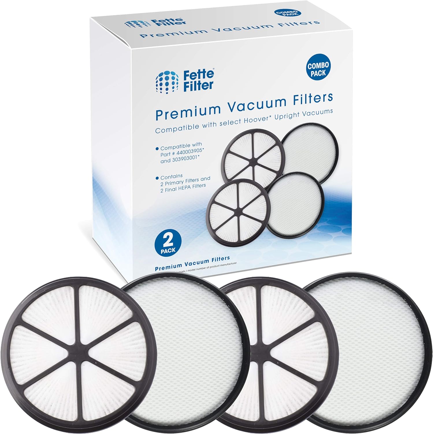 Vacuum Filter Set Compatible with Hoover UH72400, UH72401, UH72402, UH72405, UH72406, UH72409, Replaces Part #440003905 Hepa filter & 303903001 Upright Vacuum Primary Rinsable Filter 2-Sets