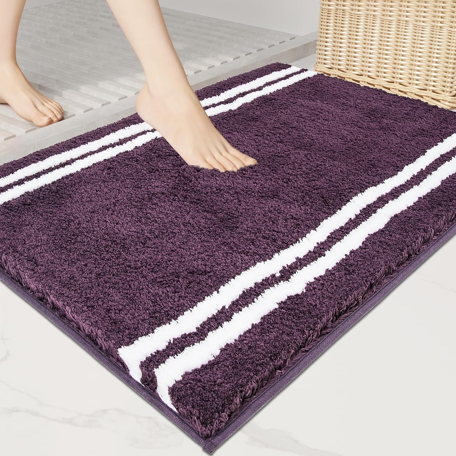 PURRUGS Non-Slip Bathroom Rug 20" x 30" - Super Absorbent & Quick Dry Shaggy Microfiber Bath Mat, Machine Washable Plush Throw Rug for Bathtub, Shower and Sink, Purple