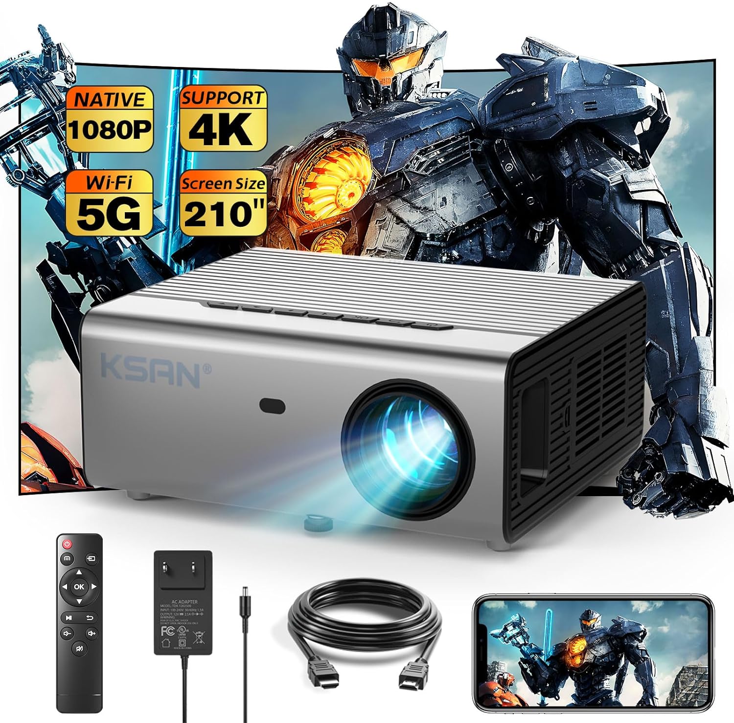 5G Wifi Projector, Native 1080P, Full HD 4K Supported Movie Projector, Smart Projector for Outdoor Home Theater, Screen Mirroring for Smartphone, Compatible with Tablet Fire Stick TV Box Game Roku etc