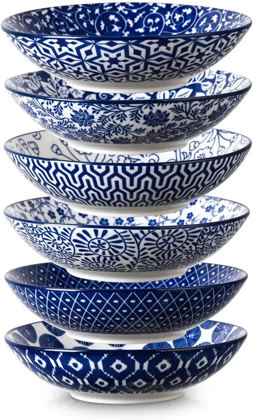 Selamica Porcelain 40oz Large Bowls 9 inch Big Pasta Salad Bowls, Microwave and Oven Safe, Vintage Blue, Set of 6