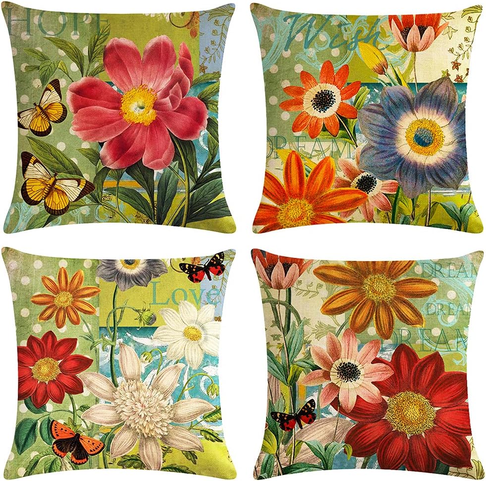 Hand Painting Flowers Pattern Decorative Soft Throw Pillow Case Cushion Covers 18x18 inches Pack of 4