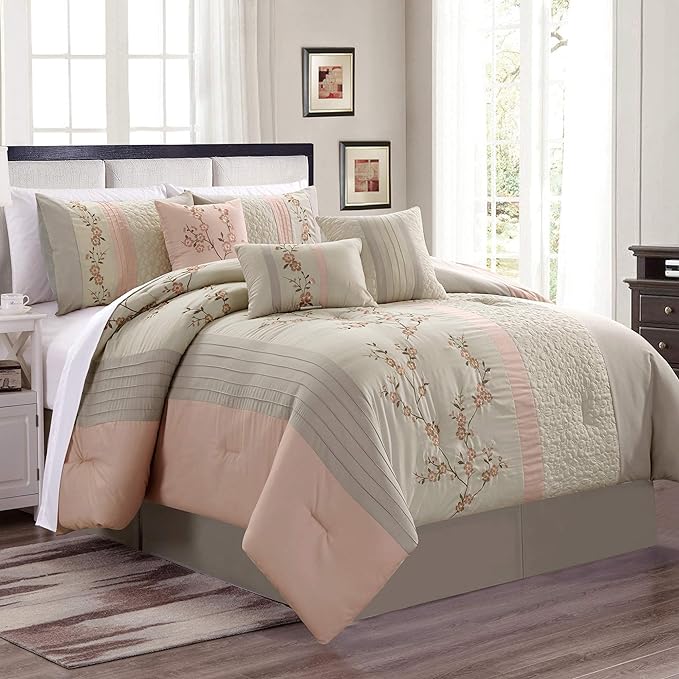 Chezmoi Collection Linnea 7-Piece Luxury Cherry Blossom Floral Embroidery Bedding Comforter Set, King, Blush/Neutral/Light Taupe