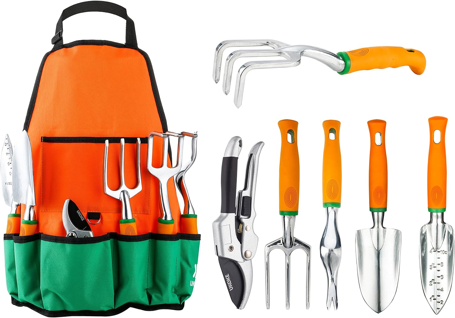 Ukoke UGP01G-7 Outdoor Tool, Heavy Duty Work Ergonomic Handle, for Women Men Set, 7 Piece Aluminum Kit, Garden Canvas Apron with Storage Pock, 7PCS, Orange