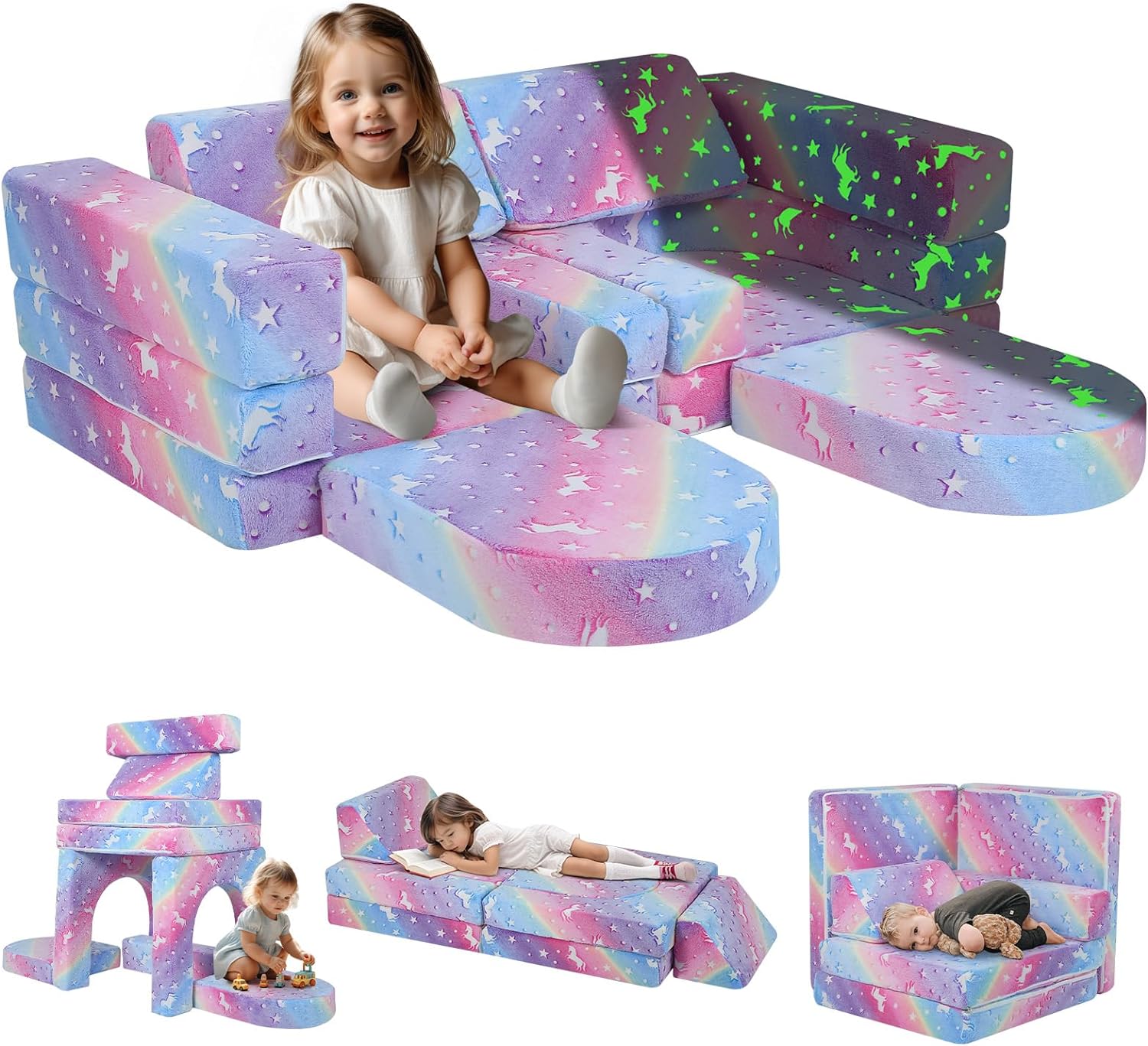 MeMoreCool 10-Piece Couch Sofa, Modular Toddler Glow Sofa for Playroom Bedroom, Fold Out Play Couch for Kid Girl Boy, Sectional Foam Playset Couch Set, Rainbow