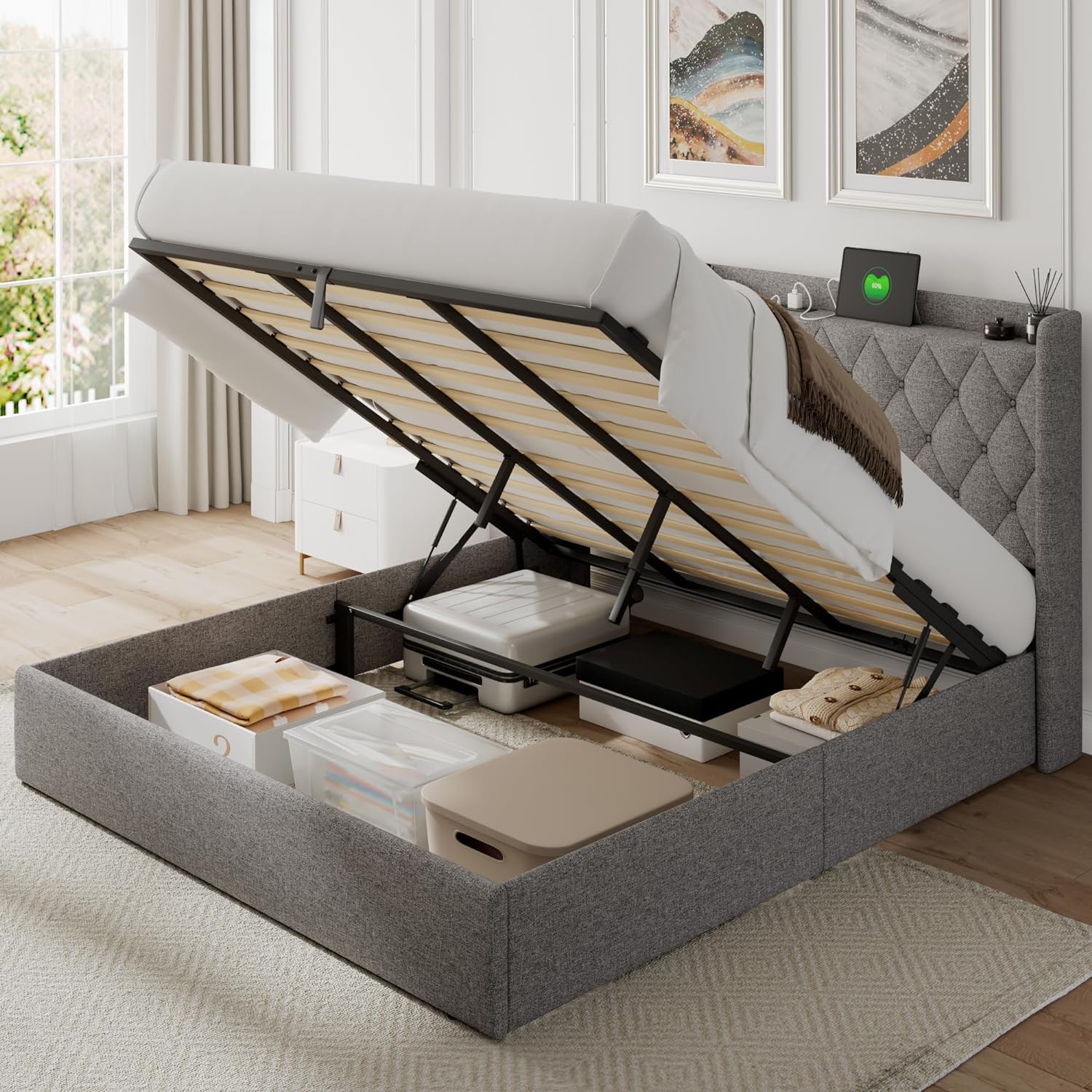 Feonase+King+Lift+Up+Storage+Bed+Frame%2c+Button+Tufted+Wingback+Headboard+with+Outlets+%26+Type+A%2fC+Ports%2c+10.8%22+Hydraulic+Storage%2c+Wood+Slats+Support%2c+No+Box+Spring+Needed%2c+Noise-Free%2c+Light+Gray