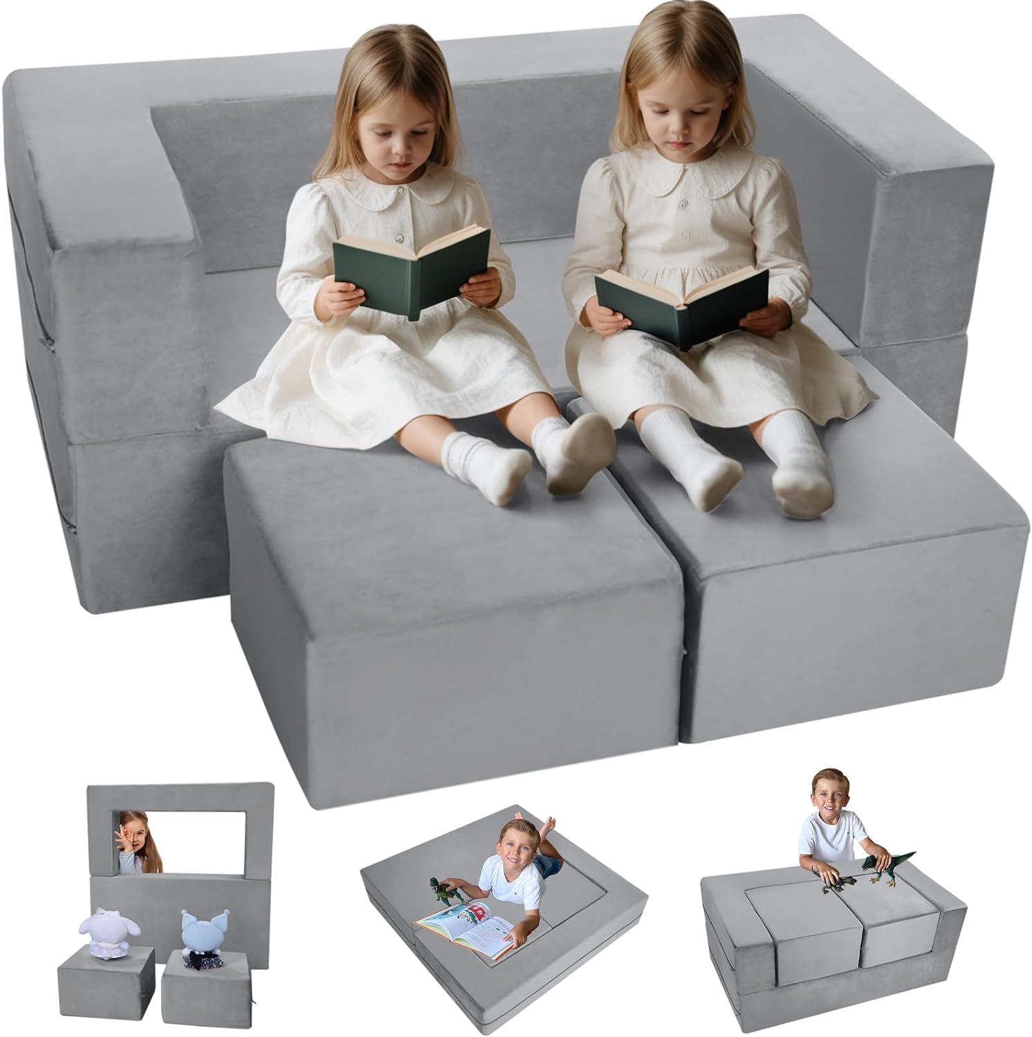 MeMoreCool Modular Kids Sofa,Toddler Play Couch Fold Out for Playroom, Grey Convertible Plush Foam Chair for Childrens