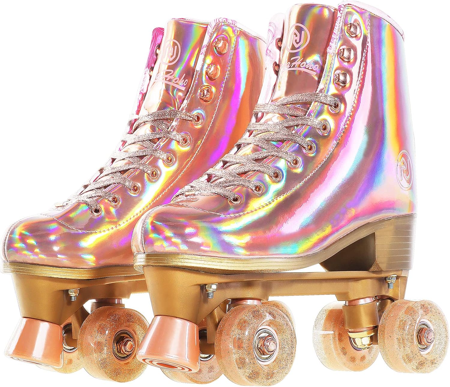 Roller Skates for Women, Holographic High Top PU Leather Rollerskates, Shiny Double-row four Wheels Quad Skates for Girls and Age 8-50 Indoor (Pink Rose Gold)