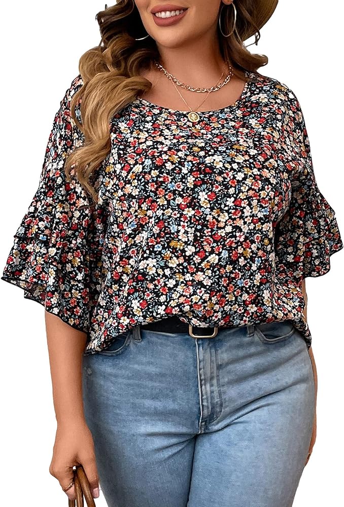 SOLY HUX Women's Plus Size Ditsy Floral Print Blouse Ruffle Half Sleeve Summer Tops