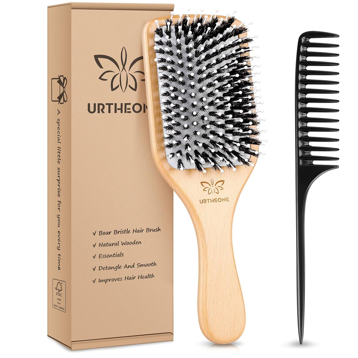 Hair Brush,Boar Bristle Hair Brushes and Styling Comb Set for Women Men Kids, Best Natural Wooden Paddle Hairbrush for Wet or Dry Hair Detangling Smoothing Massaging