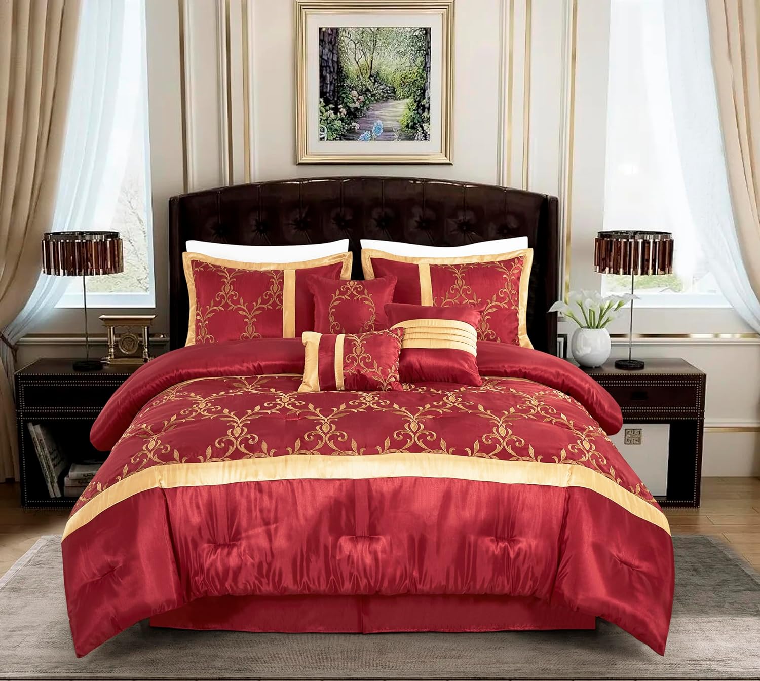 Chezmoi Collection Martha 7-Piece Floral Vine Embroidered Comforter Set King Size - Burgundy/Gold Faux Silk Comforter Soft Lightweight Breathable Bedding