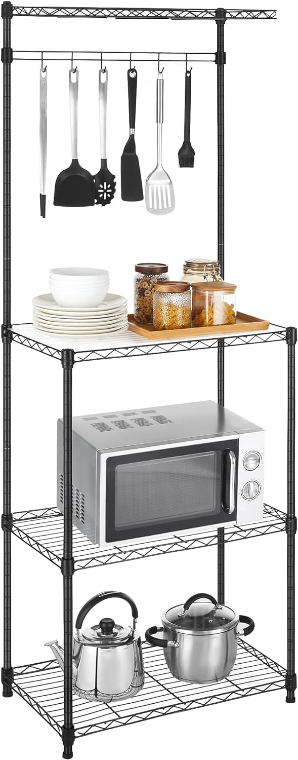 SONGMICS Baker��s Rack, Adjustable Microwave Stand, Kitchen Storage Rack with 4 Shelves 6 Hooks, for Pots, Pans, Spice Bottles, in The Kitchen, Apartment, Studio, Black ULGR040B01