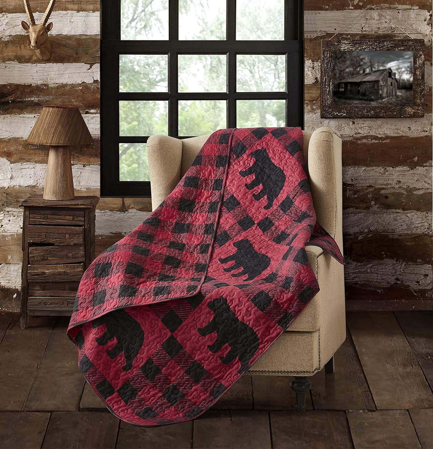 Virah Bella Quilted Throw Blanket 50" x 60" Buffalo Plaid Rustic Black Bear Lightweight Throw Quilt Great for Loungers & Extra Bedding - Beautiful Lodge-Themed Blanket
