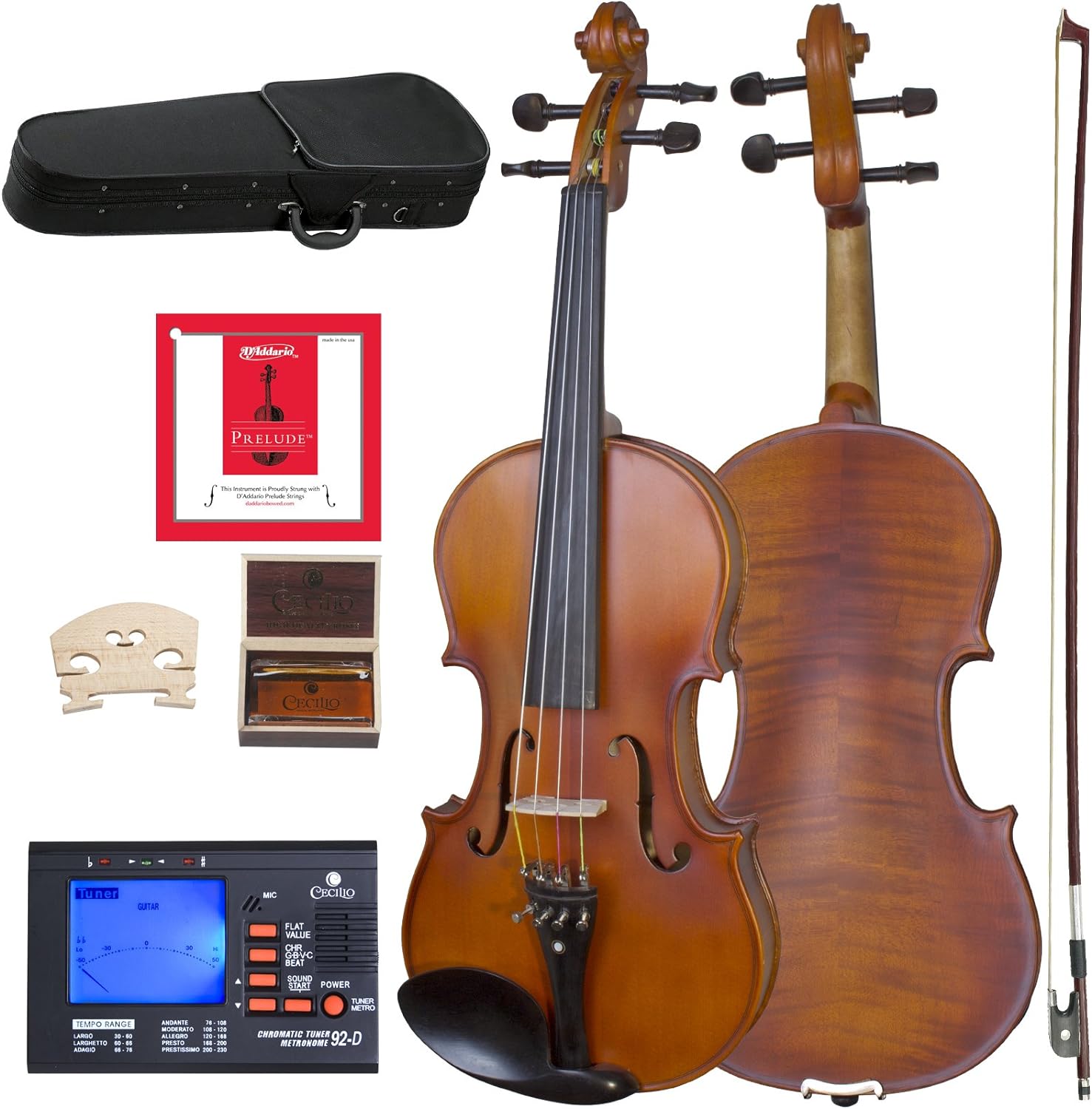 Cecilio CVA-500 Solidwood Viola 16-Inch with Ebony Fittings, D&#39;Addario Prelude Strings - Antique Satin Finish