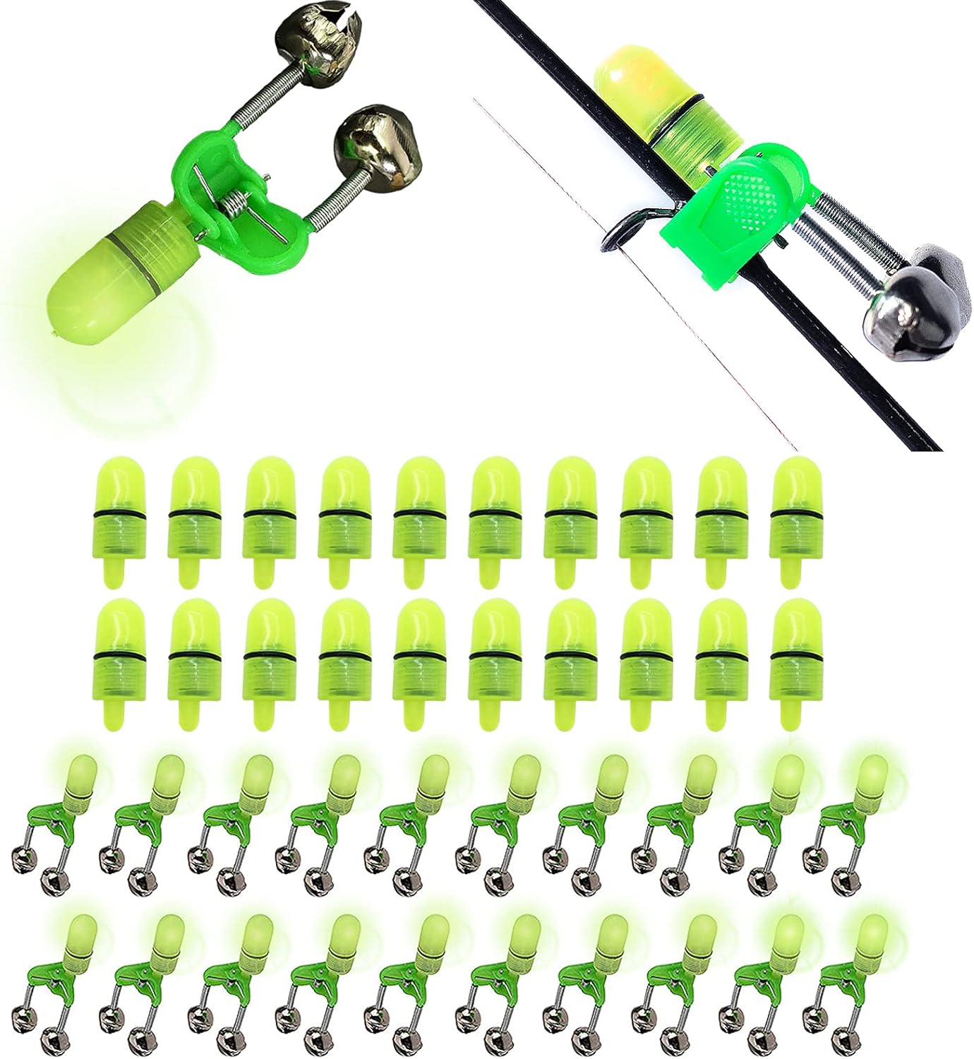 Fishing Bells Clips with LED Light Night Sea Fishing Rod LED Light Clip with Twin Bells Ring Fishing Bite Alarm Indicator On Fishing Rod